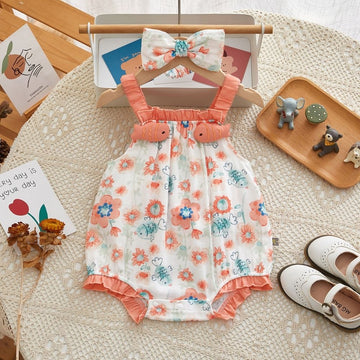 Sleeveless Printed Body Suit With HairBand For Baby Girl