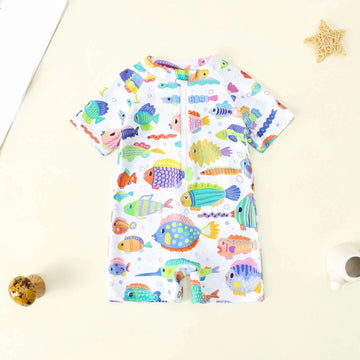 Kids Multicolour Fish Print – Short Sleeve One-Piece Swim Suit