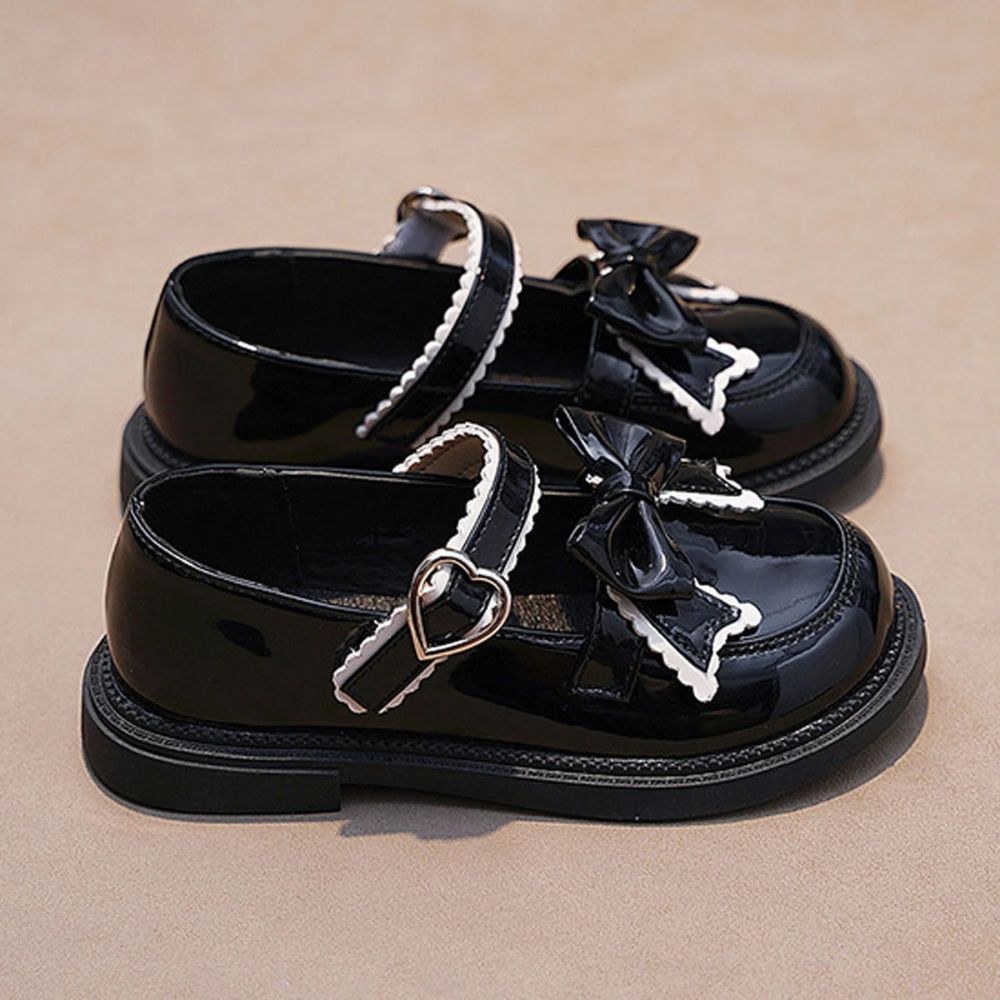 Bow & Heart Buckle Girls Black Patent Sandals