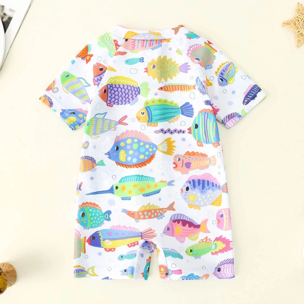Kids Multicolour Fish Print – Short Sleeve One-Piece Swim Suit