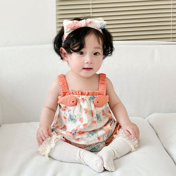 Sleeveless Printed Body Suit With HairBand For Baby Girl