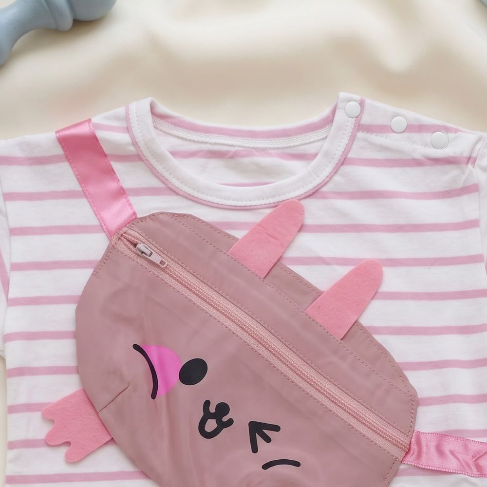 Infant Baby Soft Short Sleeve Striped Tees With Attached Cartoon Designed Pouch