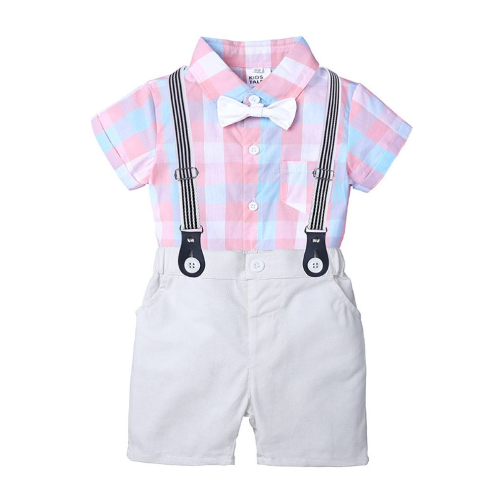 Bow Applique Check Print Onesie with Half Pants and Suspenders Set for Kids
