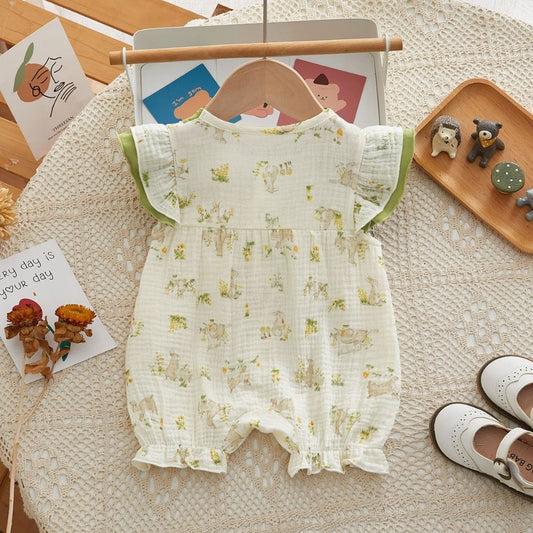 Rabbit Print Half Sleeve Romper For Baby Girl