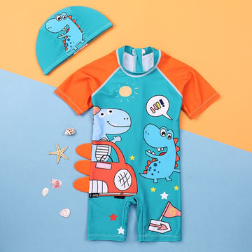 Cute Two Dinosaur Printed Swimsuit With Kids