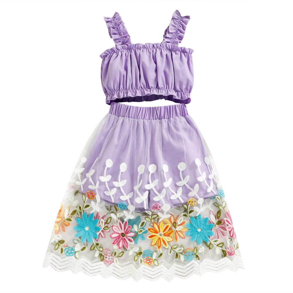 Sleeveless Ruffled Fitting Top And Flared Net Skirt With Embroidery Dress Set For Girls