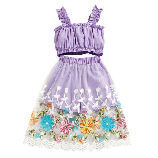 Sleeveless Ruffled Fitting Top And Flared Net Skirt With Embroidery Dress Set For Girls