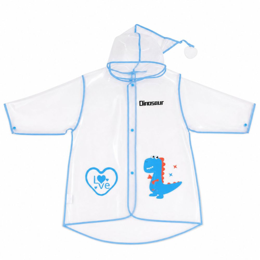 Transparent boys raincoat with hood and blue dinosaur design