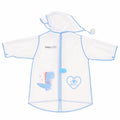 Back view of transparent kids raincoat with blue trim and hood