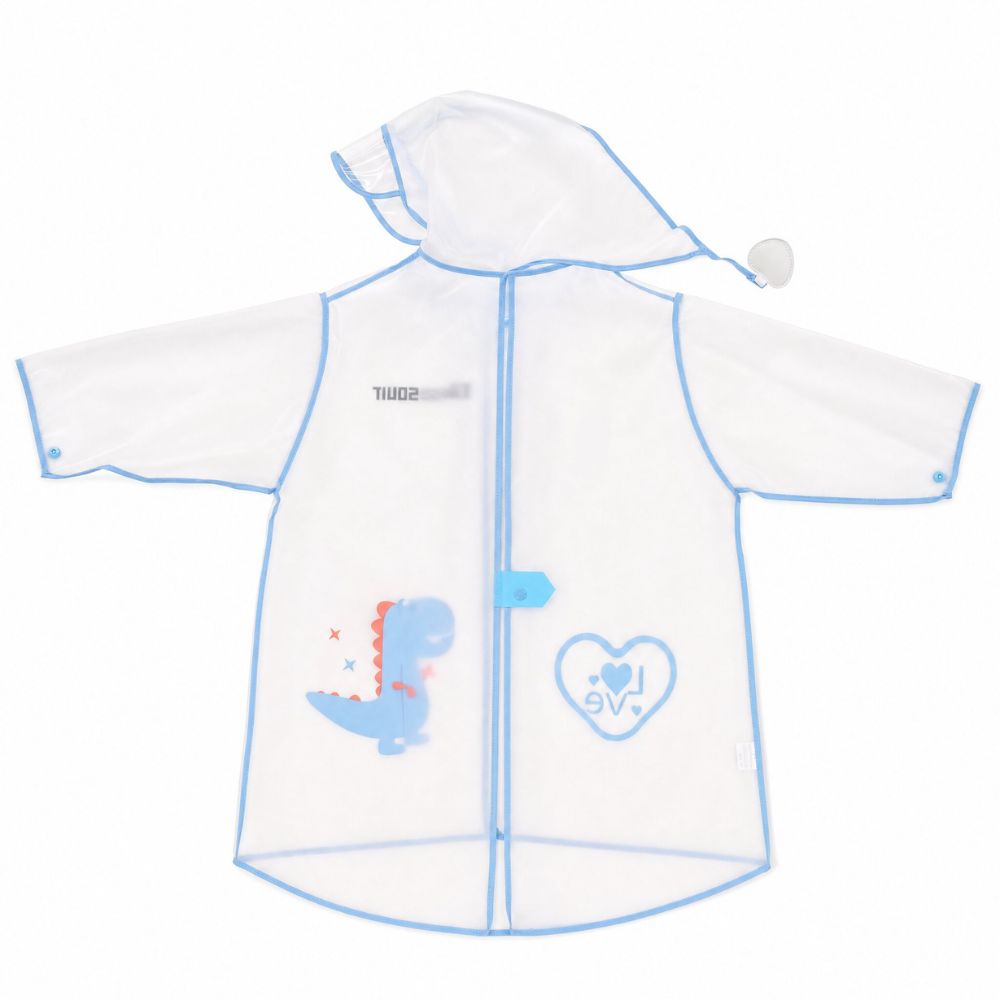 Back view of transparent kids raincoat with blue trim and hood