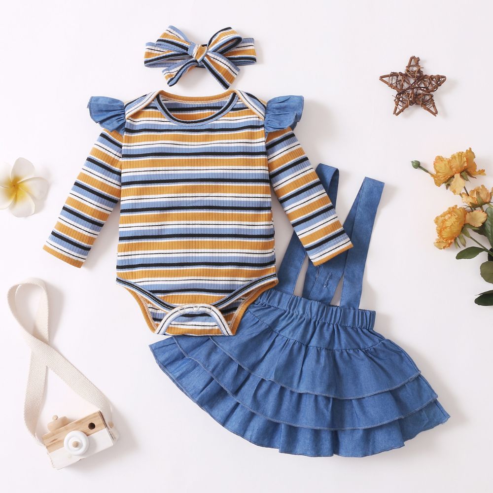 Stylish Full Sleeve Stripes Onesies With Suspended Skirt & Headband Dress Sets For Girl