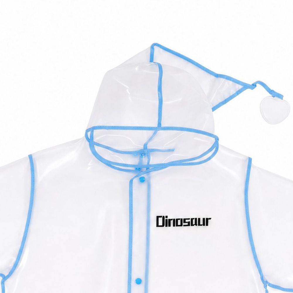 Hood detail of transparent waterproof kids raincoat with blue trim