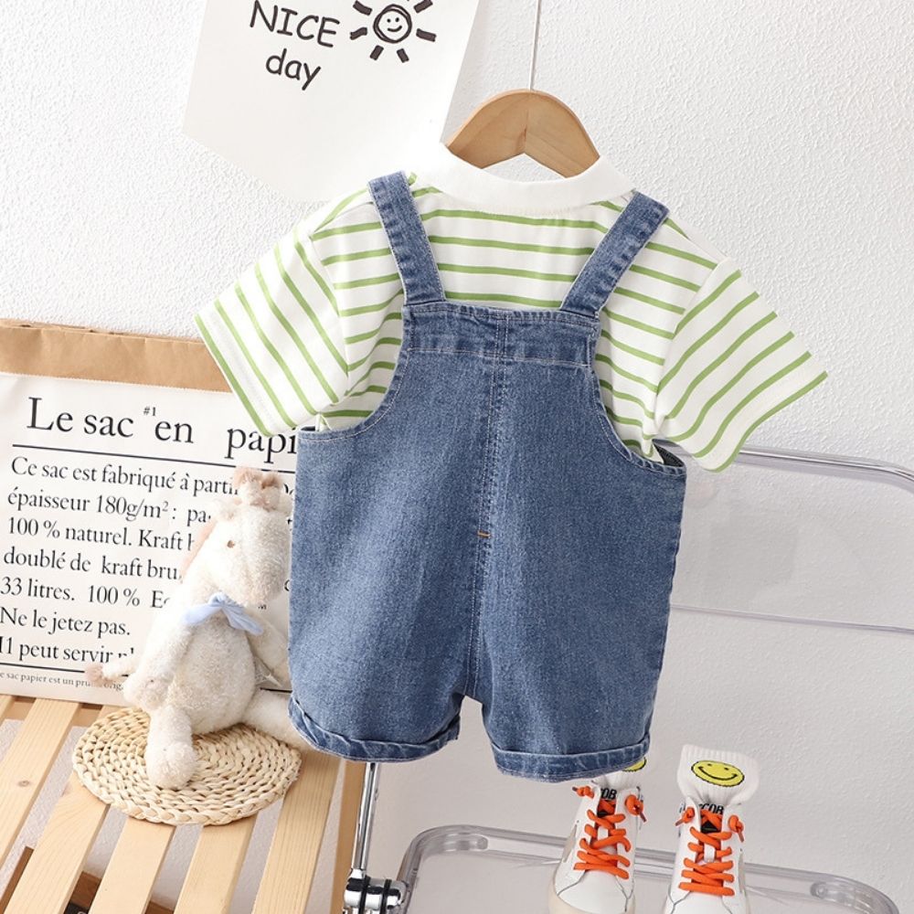 Super Soft Cotton Stripes Polo T-shirt And Denim Dungaree Set