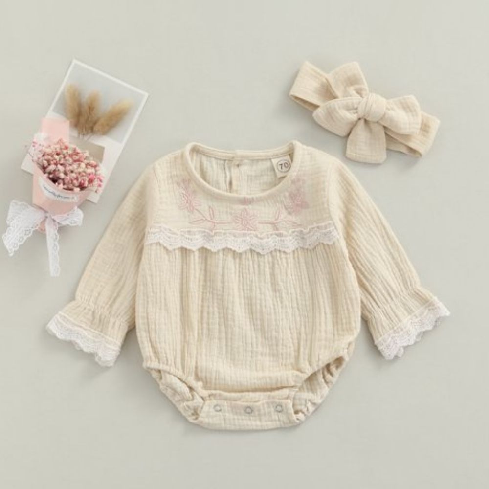 Muslin Cotton Full Sleeve Lace Decorated Bodysuit With Headband