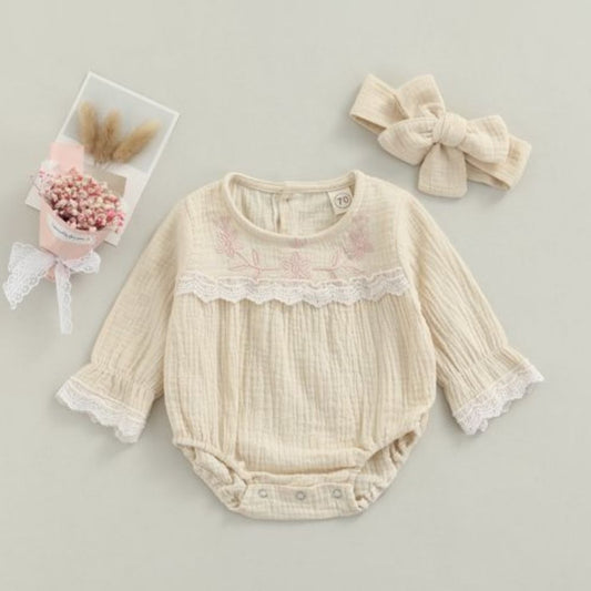 Muslin Cotton Full Sleeve Lace Decorated Bodysuit With Headband