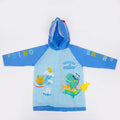 Blue waterproof kids raincoat with surfing dinosaur print