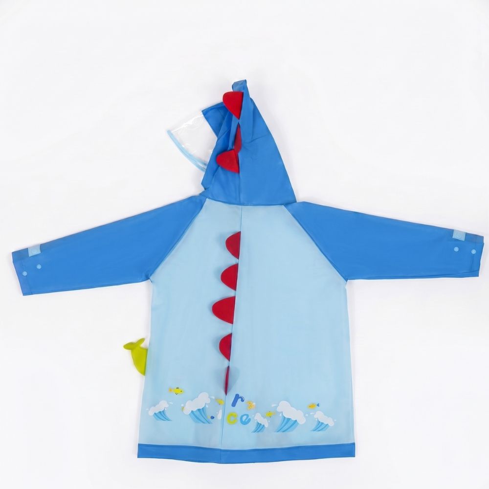 Back view of blue kids raincoat with red dinosaur spikes