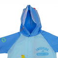 Hood detail of blue boys raincoat with clear rain visor