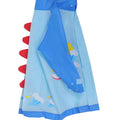 Side view of blue kids raincoat with dinosaur spikes and wave print