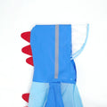 Blue dinosaur hood detail on waterproof raincoat for kids