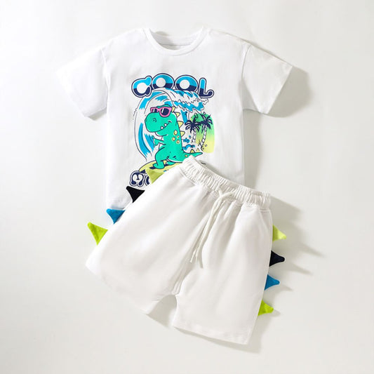 Classic T-Shirts And Pants In White Short Sleeves With Dinosaur Prints