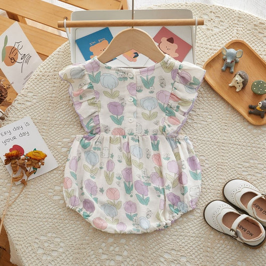 Flower Print Body Suit For Baby Girl