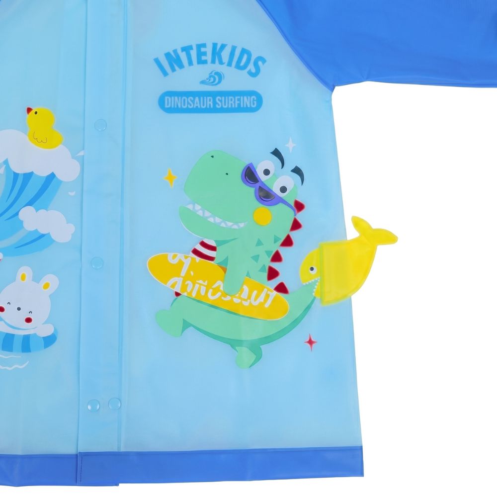 Surfing dinosaur print on blue waterproof kids raincoat