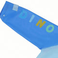 Blue sleeve detail of boys raincoat with colorful dinosaur lettering