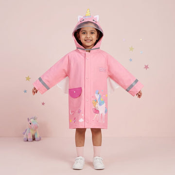Hooded Unicorn Design Pink Raincoat For Girls