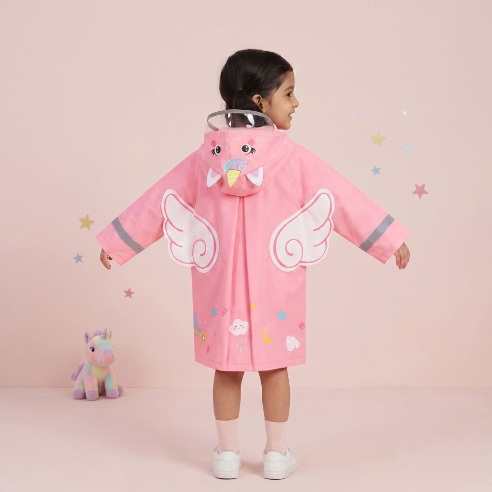 Hooded Unicorn Design Pink Raincoat For Girls