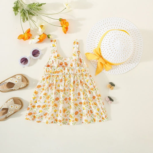 Floral Print Sleeveless Bow Embellished Frock