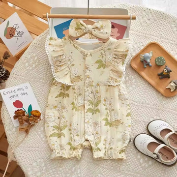 Girl's Half Romper With Flower Print and 1 Hairband