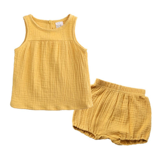 100% Muslin Cotton Plain Sleeveless Regular Top And Shorts Co-ord Set For Baby Girls