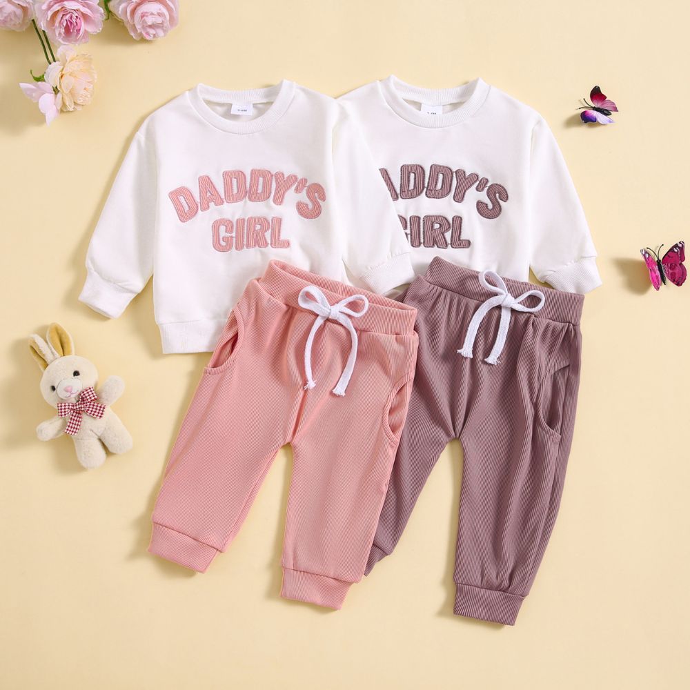 DADDY'S GIRL Printed Full Sleeve White Tees And Matching Pant Set