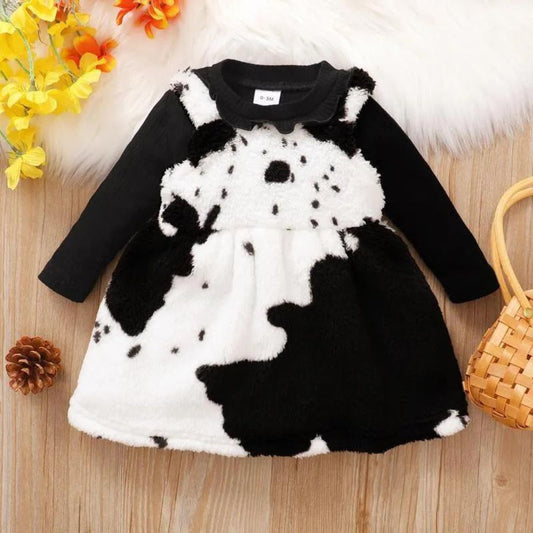 Girls Knee Length Fluffy Fleece Winter Dress with Onesie