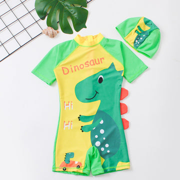 Dual Dinosaur Printed One Piece Swimsuit With Cap