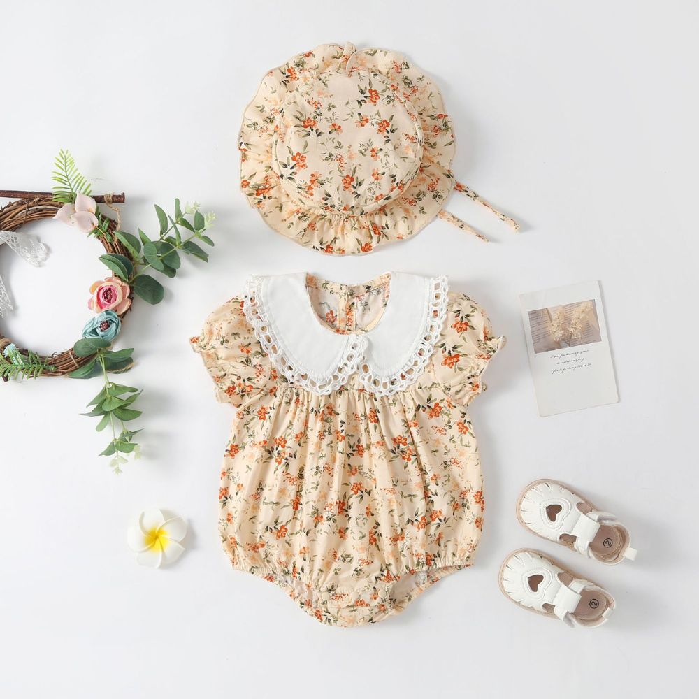 Pure Soft Cotton Baby Floral  Bodysuit With Hat 3 - 6 M
