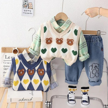 Boys Checkered Shirt with Teddy Sweater and Denim 3 Pcs Set