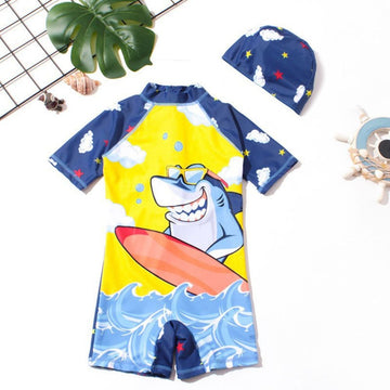 Surfing Dolphin Printed Swimsuit With Cap