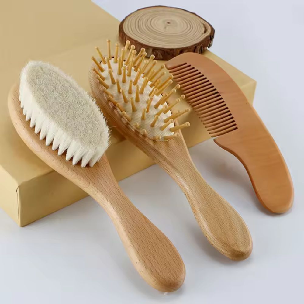 Natural Soft Organic Bristle Wooden Massage Brush And Comb Set for Newborns Toddler