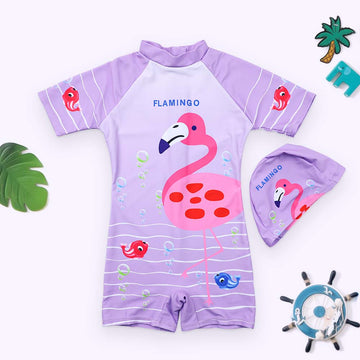 Flamingo Print One Piece Swimsuit With Cap For Kids