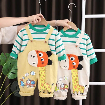 Cute Giraffe Design With Stripe T-shirt and Dungaree Overall Set