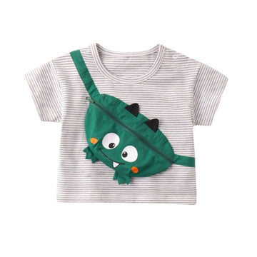 Infant Baby Soft Short Sleeve Striped Tees With Attached Cartoon Designed Pouch