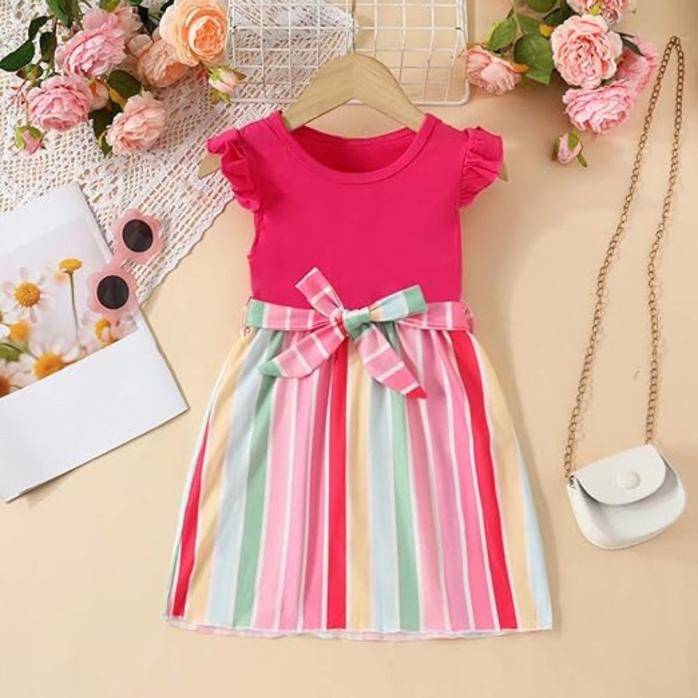 Stylish Rainbow Sleeveless Bow Tied Frock