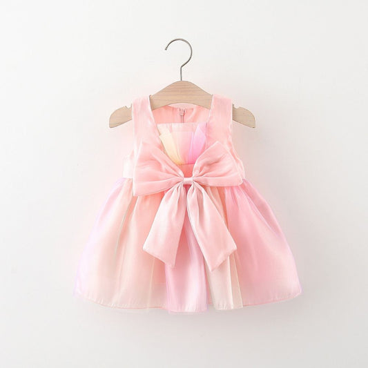 Bright Net Layered Large Bow Sleeveless  Party Frock Dress For Baby Girls