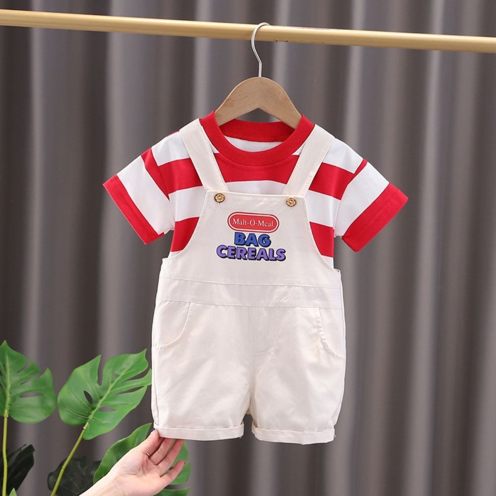 Super Soft Summer Red Stripes Tees And Cotton Dungaree Set