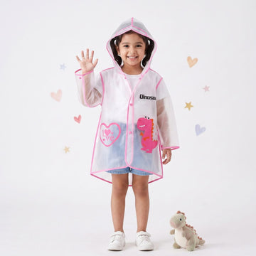 Smiling Pink Dinosaur Print  Raincoat For Kids