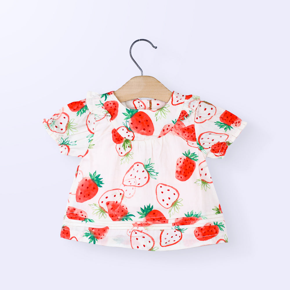 Strawberry Print Half Frock For Baby Girls