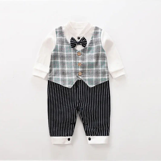 Check Print Waistcoat Full Romper with Bow