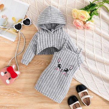 Cat Print MIDI Dress for Baby Girl with Hoodie